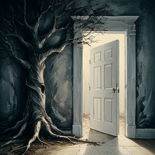 (best quality, super fine, 16k, incredibly absurdres, extremely detailed, 2.5D, delicate and dynamic, three-dimensional effect expressed by light and shade, highres, 8k, masterpiece, immersive atmosphere, film grain)
(a undetailed white door, white door, undetailed door, no details in the center) (Colorful frame around the door, paintings in the wall around, details around, detailed wall, detailed environment, fine detail, optial illusion, complex, hand draw, 3D painting, reality, fantasy art, enhance, intricate, sharp, best quality, masterpiece, Representative work, official art, Professional, 8k, based on the following poem: In the trees I knead the roots and only see my parents—but barely see trees here. In the buildings, I only see the windows and am already in love with what they hide—and I only see Her. In the cars, I only see the shadow and these ghosts haunt me. On the sidewalks, I do not see the viable paths you saw when we were together. And yes, in my house, I no longer see you, I do not dream much. In my hand, I do not see yours and I am already unique. In these fingerprints, I only see the typing touching the world. That I only see another randomly the same first moment—and second, and second, and minute, and I pray, and hour, and delay, night falls, day, and without a sister in the family, I am, week, at my mercy, nothing is mine, month, without a master, semester, without a plan, year, year and a half, without a middle, only an instant... and quickly I descend to the decade. In decadence, I soon reach the decade, and so soon I am already twenty years old...)bic corgis shadow Ghost
Ghost