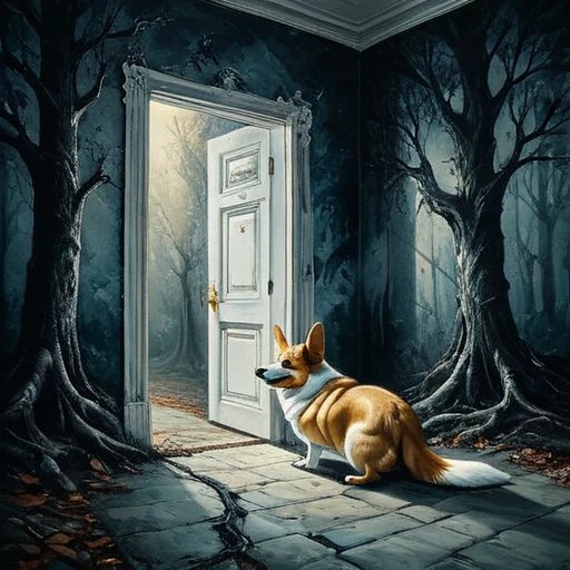 (best quality, super fine, 16k, incredibly absurdres, extremely detailed, 2.5D, delicate and dynamic, three-dimensional effect expressed by light and shade, highres, 8k, masterpiece, immersive atmosphere, film grain)
(a undetailed white door, white door, undetailed door, no details in the center) (Colorful frame around the door, paintings in the wall around, details around, detailed wall, detailed environment, fine detail, optial illusion, complex, hand draw, 3D painting, reality, fantasy art, enhance, intricate, sharp, best quality, masterpiece, Representative work, official art, Professional, 8k, based on the following poem: In the trees I knead the roots and only see my parents—but barely see trees here. In the buildings, I only see the windows and am already in love with what they hide—and I only see Her. In the cars, I only see the shadow and these ghosts haunt me. On the sidewalks, I do not see the viable paths you saw when we were together. And yes, in my house, I no longer see you, I do not dream much. In my hand, I do not see yours and I am already unique. In these fingerprints, I only see the typing touching the world. That I only see another randomly the same first moment—and second, and second, and minute, and I pray, and hour, and delay, night falls, day, and without a sister in the family, I am, week, at my mercy, nothing is mine, month, without a master, semester, without a plan, year, year and a half, without a middle, only an instant... and quickly I descend to the decade. In decadence, I soon reach the decade, and so soon I am already twenty years old...)bic corgis shadow Ghost
Ghost