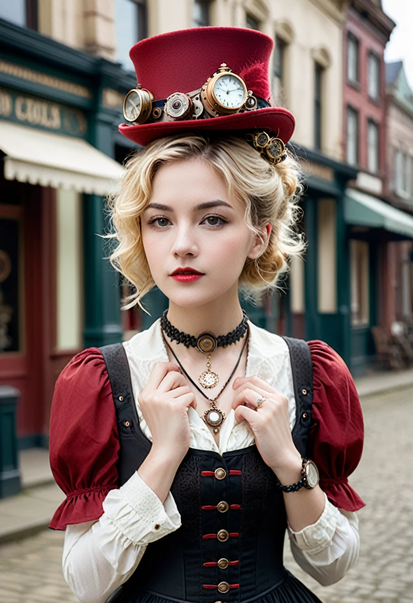 close, Straight blonde short curly hair girl little red hat, Necklace Watches, (Victorian era), ((steampunk)), photograph, worked, elegant, Scrupulous, grow, Maximum details, Extremely aesthetic, Exquisitely crafted, Lots of gear, Old town background