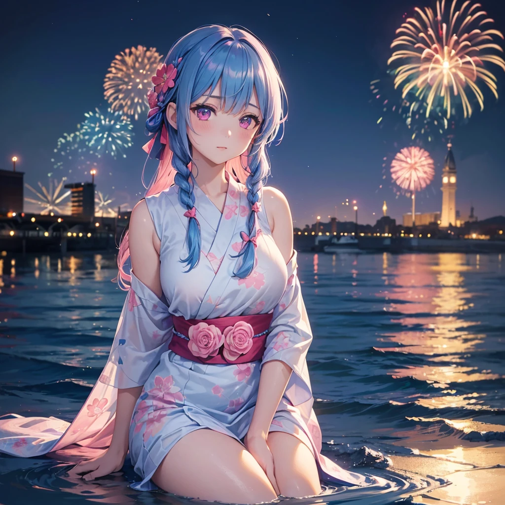 (Sky Blue Medium Hair:1.2), (Braided Hair),(Pink Eyes),Fair skin ,(whole body),(1 girl)、Floral Yukata、summer night、Extra-large fireworks filling the night sky、Huge fireworks launched from the sea、Watching the fireworks while sitting next to each other、Straight bangs,(masterpiece, Highest quality, Very detailed, Best Shadow), (Detailed Background), (Beautifully detailed face), High Contrast, (Best lighting, Very delicate and beautiful), ((Cinematic Light)), colorful, Hyper Detail 8k, Dramatic Light, Intricate details,Fireworks reflected on the water surface、