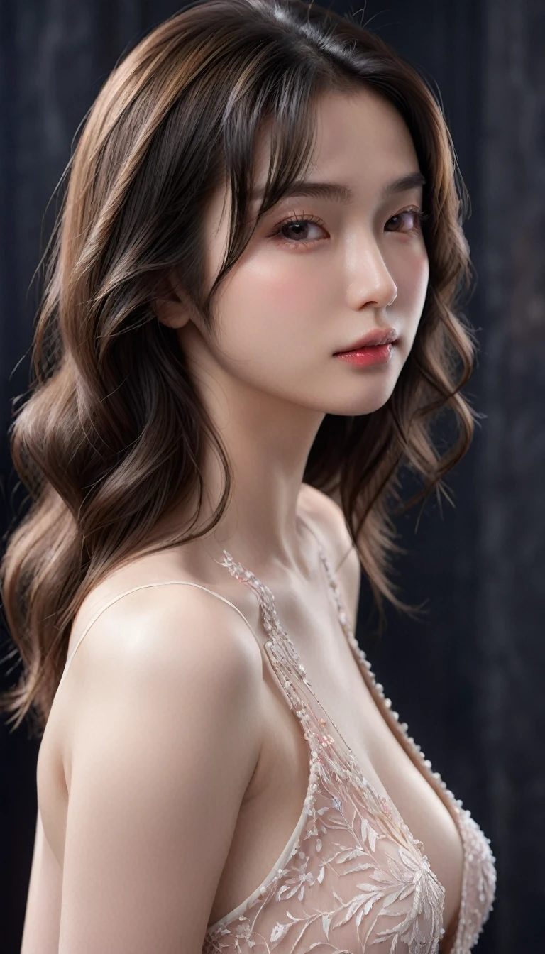 ((最大16K解像度のmasterpiece:1.6)),beautiful,Highest quality,it is really amazing,Very detailed,Ultra-high resolution,masterpiece,Realistic,Realistic,Increased depth of field,Cinematic Light, Elegant adult woman, beautiful顔,Very detailedな顔,Face with a gentle expression,Translucent white skin,Very delicate skin texture,Great proportions,Anatomically correct body, high slit dress,Gorgeous colors,Gorgeous and detailed pattern,Beautiful and detailed pattern,Detailed cloth texture, Black background, (Focus on the face:1.5), Portrait Shot, jpn-girl, detailed skin