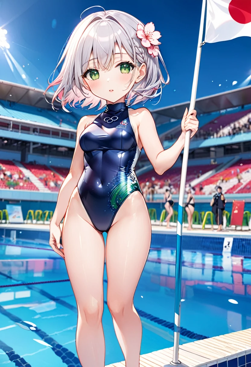 Highest quality, High resolution, Detailed Background, Beautiful face in every detail, Anatomically correct, Detailed facial expressions, fine grain、((full body:1.3, From the side)), BREAK ((One Girl, Chibi Girl)), (Japanese Olympic swimmers), silver Hair, beautiful clear big green eyes, (light makeup, pink rips:1.2, full lips:1.2), Braided Bob, BREAK (perky breasts:1.2, high breasts:1.2, curvy waist:1.0), (One piece without cutouts, turtleneck, Sleeveless swimsuit), (shine Metallic dark blue swimsuit with cherry blossom drawing, tight high leg swimsuit:1.2、barefoot), (Background is the pool where the Olympics are held, Many spectators, There is many national flag), one arm raised high, (armpit:1.2), Very big smile, ((winner's Pose with a Japanese flag:1.3)), ((Stand at a:1.3))