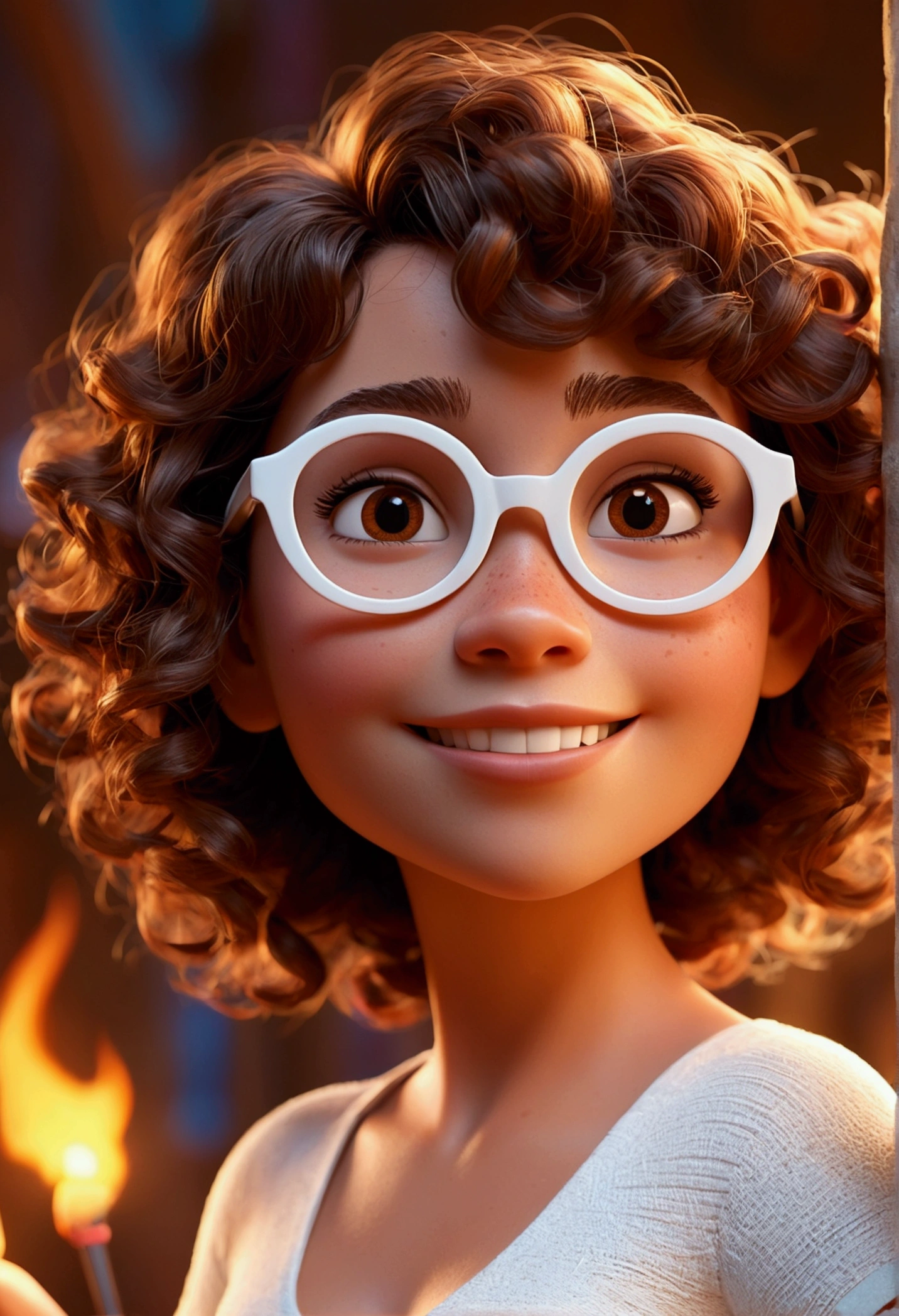 Pixar style image with 3D character white glasses brunette woman short curly hair dancing, Maquiagem Disney,Pescador, bonitinho, sorridente ,Close-up, Pixar, Disney, Cinema lighting, Colombian, Encanto, Madrigal, Warm tanned skin, Brown eyes, Gift of fire
