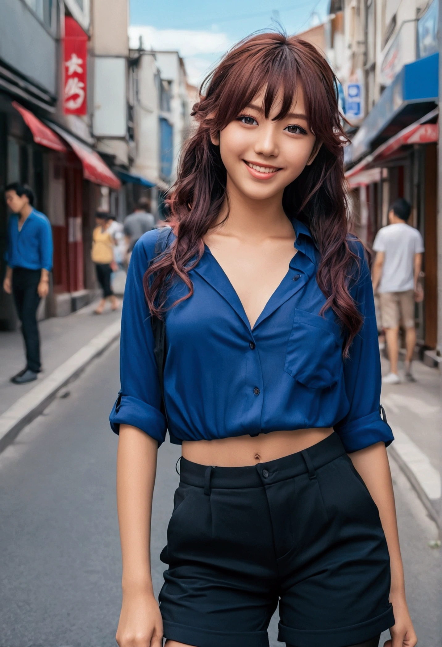 (anime fille à la peau noire :1.2, sexy ,cheveux courts noirs:1.2, pantalon bleu sexy, chemise rouge, au nez retroussé, sourire séduisant, dans la rue,yeux marron clair], portrait, Filtre VSCO: C8)