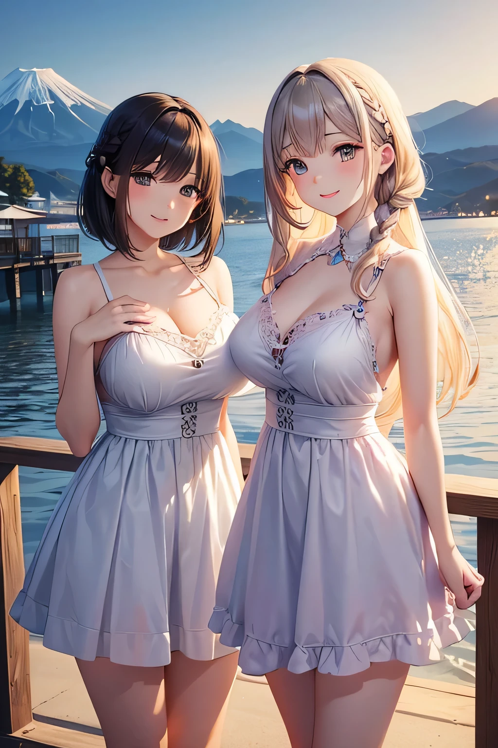Highest quality、High resolution、Detailed Background、(Beautiful face in every detail:1.4)、Anatomically correct、(Normal number of fingers:1.2)、(Highly detailed face:1.2)、(Detailed eyes:1.2)、Beautiful women in their 20s、(Huge breasts:1.2)、Perfect body line、Light color hair、Braided bob cut、Braided long hair、Wavy Hairstyle、well-groomed eyebrows、Calm and elegant look、Mysterious atmosphere、Dreamy atmosphere、Do cute thingodel pose、A big smile、smile、Happy expression、
(Two beautiful models with a popular spot in the background:1.5)、
Shoulder frill dress、A voluminous frilly dress、
Lake Kawaguchi with a view of Mt. Fuji、Lakeside walks and piers、Promenade etc.、Shooting at sunset time creates a fantastic atmosphere.、very beautiful