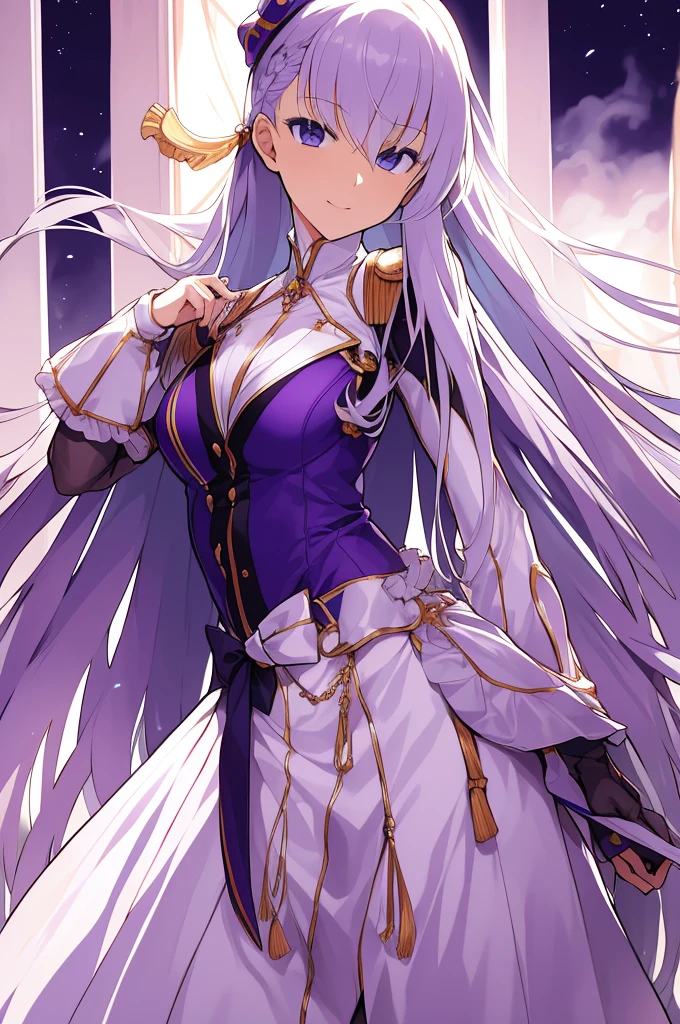 tmasterpiece,best qualtiy,A high resolution,Original costume 1 (distinto color), cabello blanco, ojos morado, busto (grande)