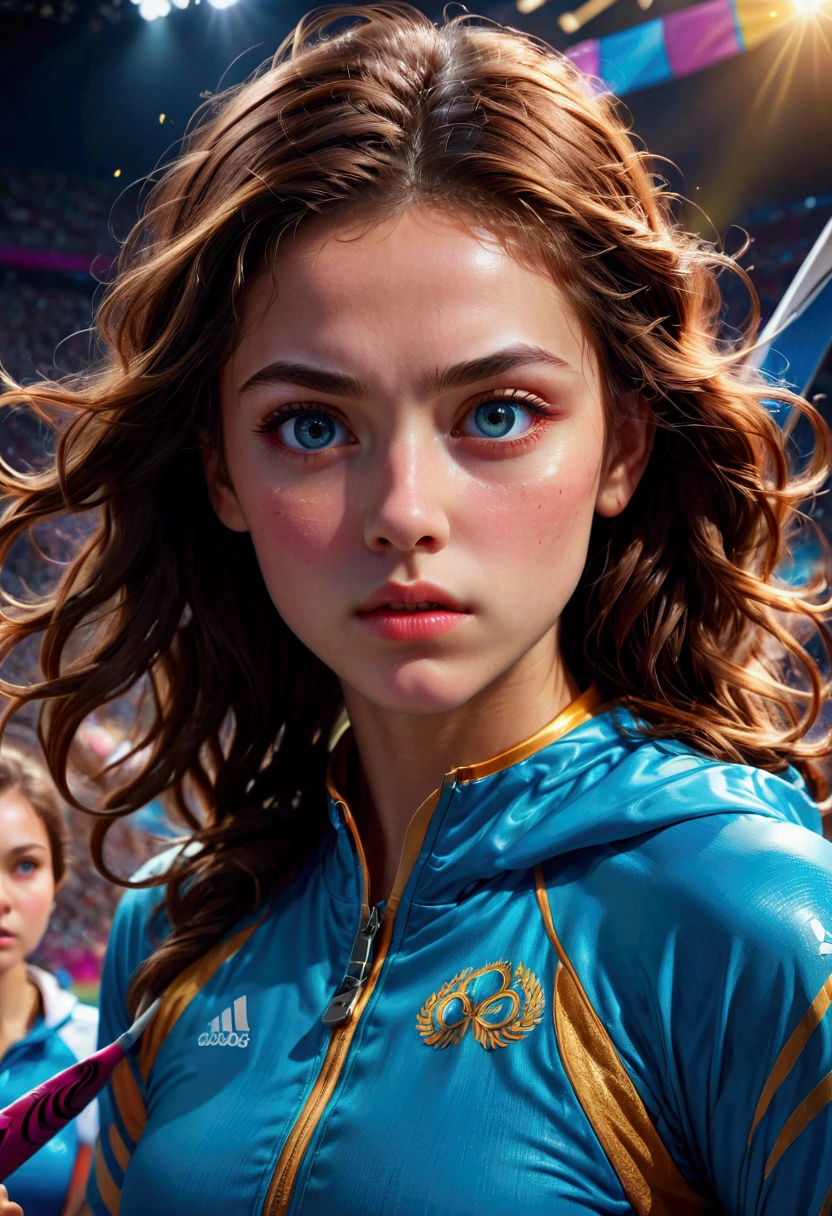 1girl, a cinematic epic scene of the Olympic Games, beautiful detailed eyes, beautiful detailed lips, extremely detailed face and expression, intricate sports equipment, vibrant colorful lighting, dramatic camera angle, studio lighting, hyperrealistic, 8k, photorealistic, award-winning photography, visually stunning, cinematic composition, masterpiece, best quality, very aesthetic, absurdres