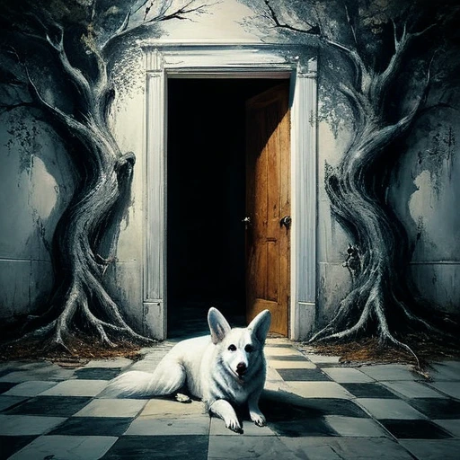 (best quality, super fine, 16k, incredibly absurdres, extremely detailed, 2.5D, delicate and dynamic, three-dimensional effect expressed by light and shade, highres, 8k, masterpiece, immersive atmosphere, film grain)
(a undetailed white door, white door, undetailed door, no details in the center) (Colorful frame around the door, paintings in the wall around, details around, detailed wall, detailed environment, fine detail, optial illusion, complex, hand draw, 3D painting, reality, fantasy art, enhance, intricate, sharp, best quality, masterpiece, Representative work, official art, Professional, 8k, based on the following poem: In the trees I knead the roots and only see my parents—but barely see trees here. In the buildings, I only see the windows and am already in love with what they hide—and I only see Her. In the cars, I only see the shadow and these ghosts haunt me. On the sidewalks, I do not see the viable paths you saw when we were together. And yes, in my house, I no longer see you, I do not dream much. In my hand, I do not see yours and I am already unique. In these fingerprints, I only see the typing touching the world. That I only see another randomly the same first moment—and second, and second, and minute, and I pray, and hour, and delay, night falls, day, and without a sister in the family, I am, week, at my mercy, nothing is mine, month, without a master, semester, without a plan, year, year and a half, without a middle, only an instant... and quickly I descend to the decade. In decadence, I soon reach the decade, and so soon I am already twenty years old...)bic corgis  shadow Ghost
Ghost