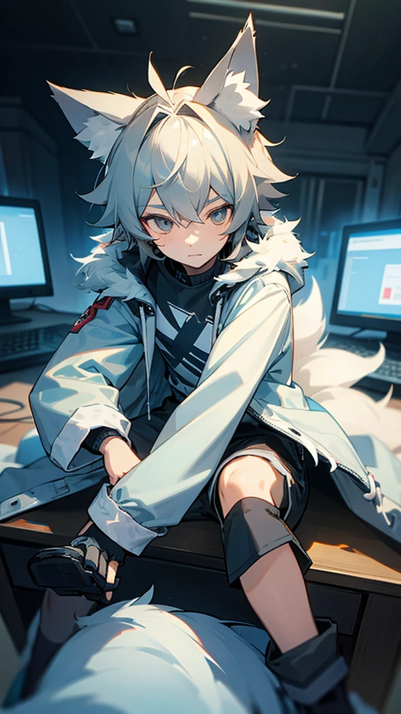 a boy, sitting behind a desk, wolf ears, wearing a fluffy jacket, short pants