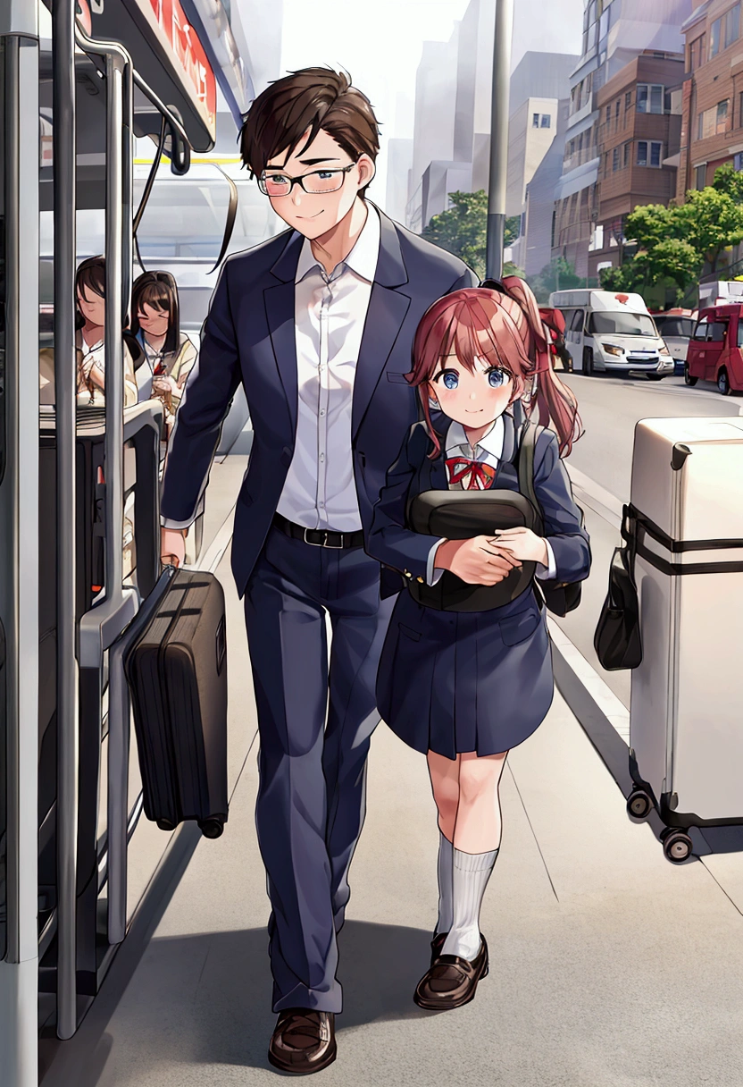 An uncle and daughter carry luggage.,I just got off the bus,Return to your hometown
