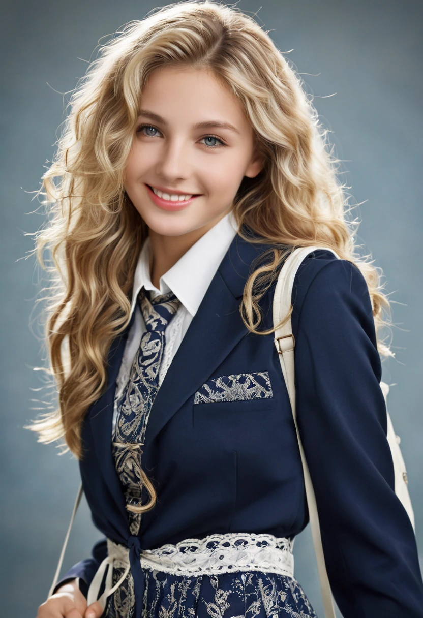 best quality, masterpiece, 20yo 1 Greek girl, a girl, blond hair, high school student, girl, long curly hair, (ribbon, laced blouse and suit), back_pack, at school, 32k, photorealistic, ultra-detailed, finely detailed, high resolution, perfect dynamic composition, beautiful detailed eyes, sharp-focus, cowboy_shot, smile, (oil shiny skin), willowy, chiseled, (hunky), (upper body), (perfect anatomy, prefect hand, dress, long fingers, 4 fingers, 1 thumb), 8 head body length, dynamic sexy pose, breast apart, (artistic pose of a woman),