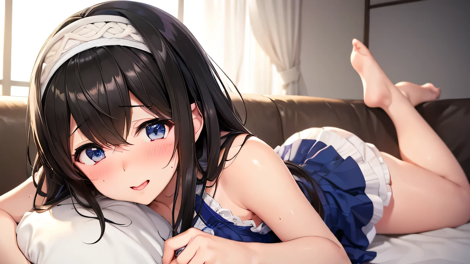 ((fumika sagisawa))、sfw,Perfect Face、(hair band)、sofa、((Embarrassed、blush))、((head shot)),((handjob))、(Ecstasy face),(Face turned to the side、Turn away from the viewer),sexy、Sweat、Wearing a knee pillow
