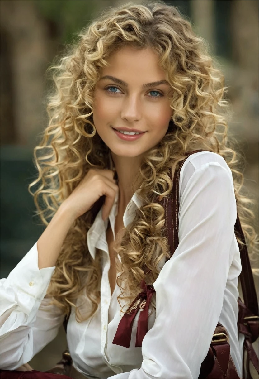 best quality, masterpiece, 20yo 1 Greek girl, a girl, blond hair, high school student, girl, long curly hair,  (ribbon, laced blouse and suit), back_pack, at school, 32k, photorealistic, ultra-detailed, finely detailed, high resolution, perfect dynamic composition, beautiful detailed eyes, sharp-focus, cowboy_shot, smile, (oil shiny skin), willowy, chiseled, (hunky), (upper body), (perfect anatomy, prefect hand, dress, long fingers, 4 fingers, 1 thumb), 8 head body length, dynamic sexy pose, breast apart, (artistic pose of a woman), 