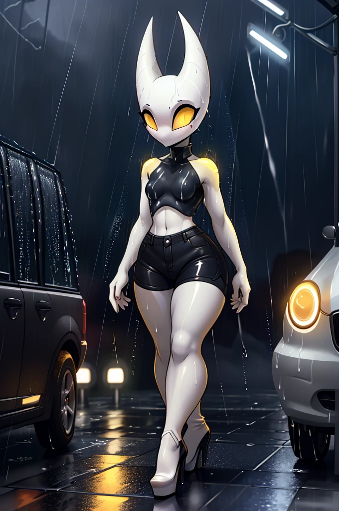 (masterpiece), ((perfect anatomy)), (high Res), (4k), hornet, ((insectoid)), ((segmented body)), ((insect body parts)), black body, (white head), 3 fingers(index, middle and thumps), flat chest, wide hips, (((white wet tiny top))), (((wet skin tight white jean mini shorts))), (((white high heel boots))), ((((glowing yellow eyes)))), (((prostitute))), walking in a forest, (talking to someone in a car), (((solo))), narrow waist, (cute artstyle), full body, (((raining))), (((storm))), (((at night))), (((wet))), in the dark