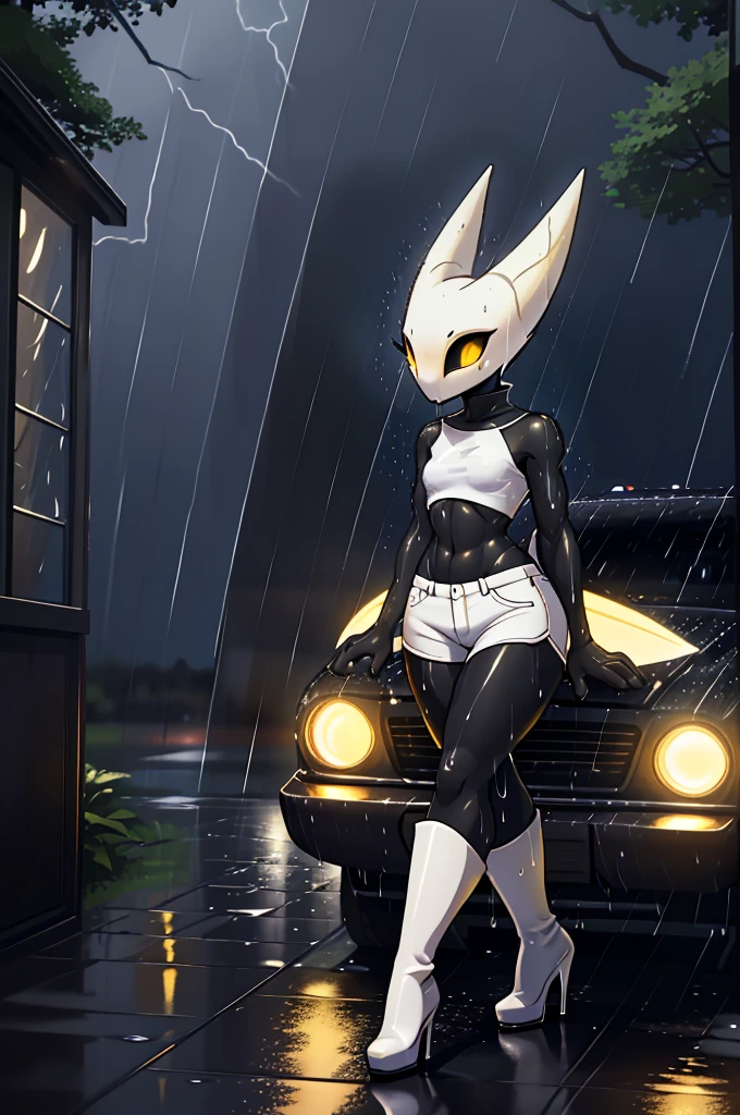 (masterpiece), ((perfect anatomy)), (high Res), (4k), hornet, ((insectoid)), ((segmented body)), ((insect body parts)), black body, (white head), 3 fingers(index, middle and thumps), flat chest, wide hips, (((white wet tiny top))), (((wet skin tight white jean mini shorts))), (((white high heel boots))), ((((glowing yellow eyes)))), (((prostitute))), walking in a forest, (talking to someone in a car), (((solo))), narrow waist, (cute artstyle), full body, (((raining))), (((storm))), (((at night))), (((wet))), in the dark