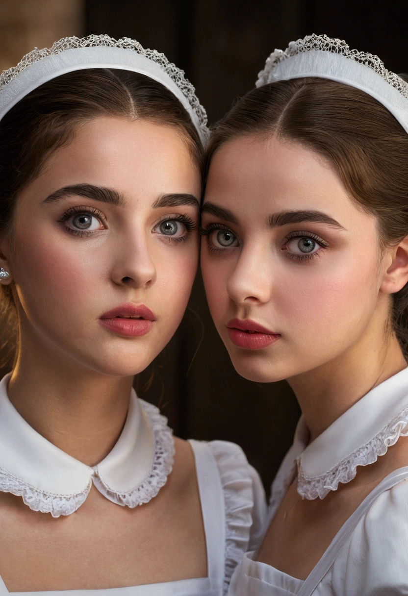 (Best Quality,realist),(2Girls:1.1,Girls:1.1),(big, a punto de big), (affectionate),(maid),(detailed eyes), (detailed lips), (long eyelashes), (portrait),( Soft lighting), (natural colors)