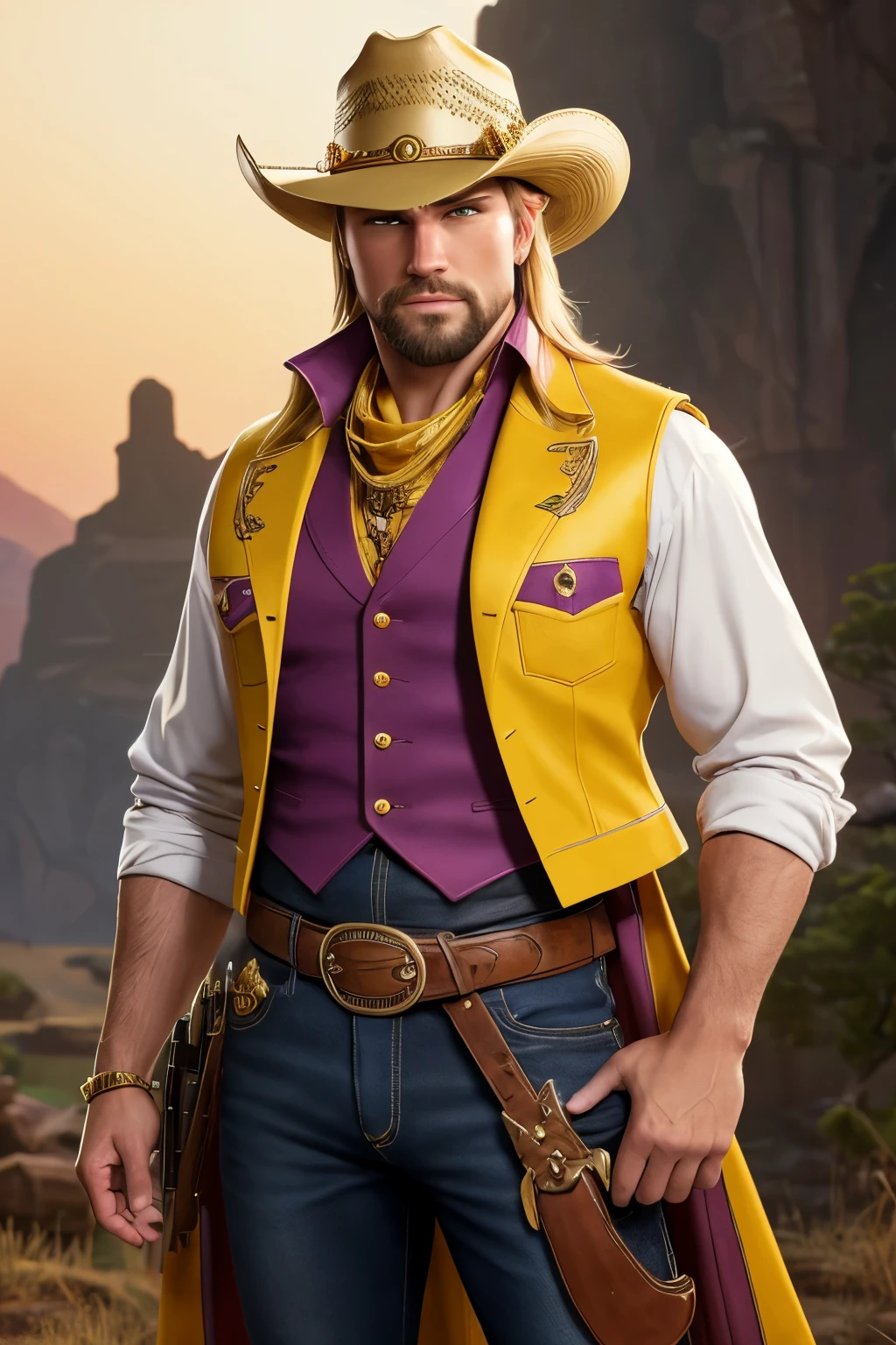 Create a realistic full-body image of the four main characters from the "Sunset Riders" game, meticulously capturing the intricate details of their clothes and accessories. Steve, the blond cowboy, is depicted with a pink cowboy hat featuring gold details, perched on his head. He dons a bright yellow shirt under a pink vest embellished with gold accents, accompanied by yellow pants that have brown boots adorned with golden spurs. A white scarf is wrapped around his neck, and he carries a belt with double holsters, one for each side, to accommodate his pistols.
Billy, with his brown hair and determined features, is depicted in a dynamic pose, ready to