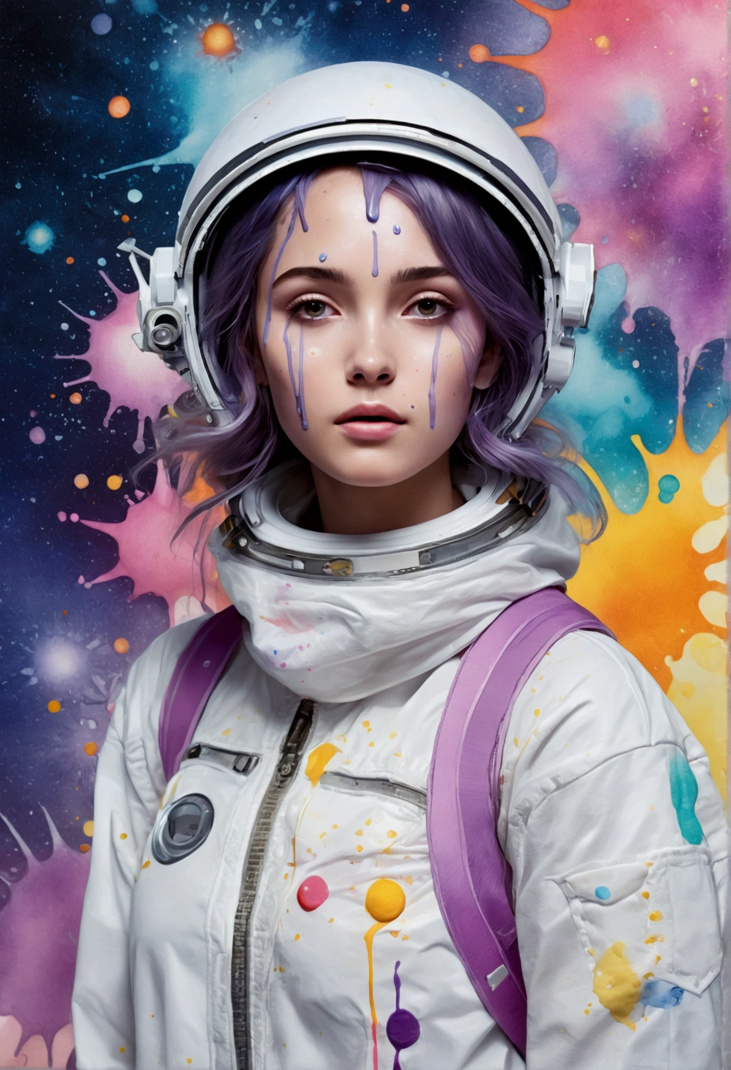 
((masterpiece:1.4, Highest quality)), (Photorealism), (Watercolor background), ((1 girl)), (Bright design), (Space and galaxy pastel colors), (Ink splashes and drips:1.5), (View your viewers)