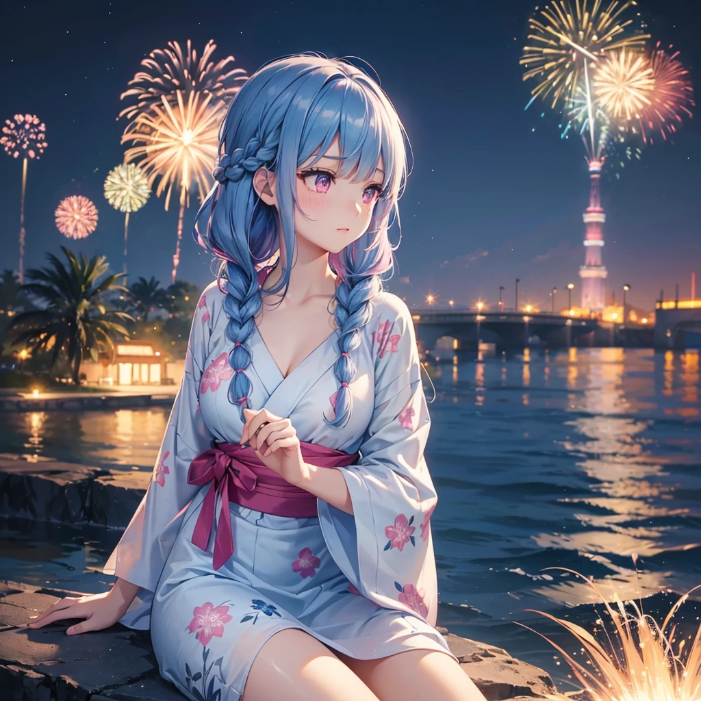 (Sky Blue Medium Hair:1.2), (Braided Hair),(Pink Eyes),Fair skin ,(whole body),(1 girl)、Floral Yukata、summer night、Extra-large fireworks filling the night sky、Huge fireworks launched from the sea、Watching the fireworks while sitting next to each other、Straight bangs,(masterpiece, Highest quality, Very detailed, Best Shadow), (Detailed Background), (Beautifully detailed face), High Contrast, (Best lighting, Very delicate and beautiful), ((Cinematic Light)), colorful, Hyper Detail 8k, Dramatic Light, Intricate details,Fireworks reflected on the water surface、