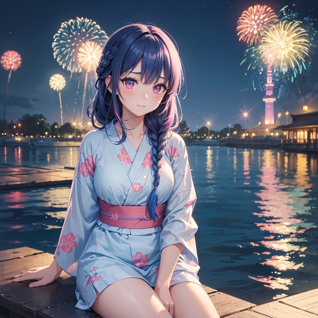 (Sky Blue Medium Hair:1.2), (Braided Hair),(Pink Eyes),Fair skin ,(whole body),(1 girl)、Floral Yukata、summer night、Extra-large fireworks filling the night sky、Huge fireworks launched from the sea、Watching the fireworks while sitting next to each other、Straight bangs,(masterpiece, Highest quality, Very detailed, Best Shadow), (Detailed Background), (Beautifully detailed face), High Contrast, (Best lighting, Very delicate and beautiful), ((Cinematic Light)), colorful, Hyper Detail 8k, Dramatic Light, Intricate details,Fireworks reflected on the water surface、