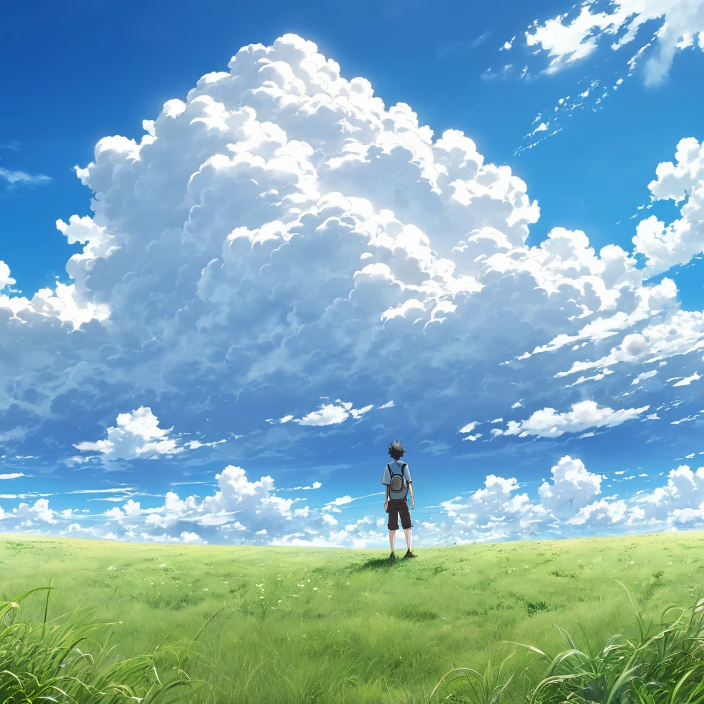 anime, anime landscape, guy looking at clouds, in a grassland, creative, realist, white clouds, blue sky, landscape amazing, guy looking away from camera, wide photo
