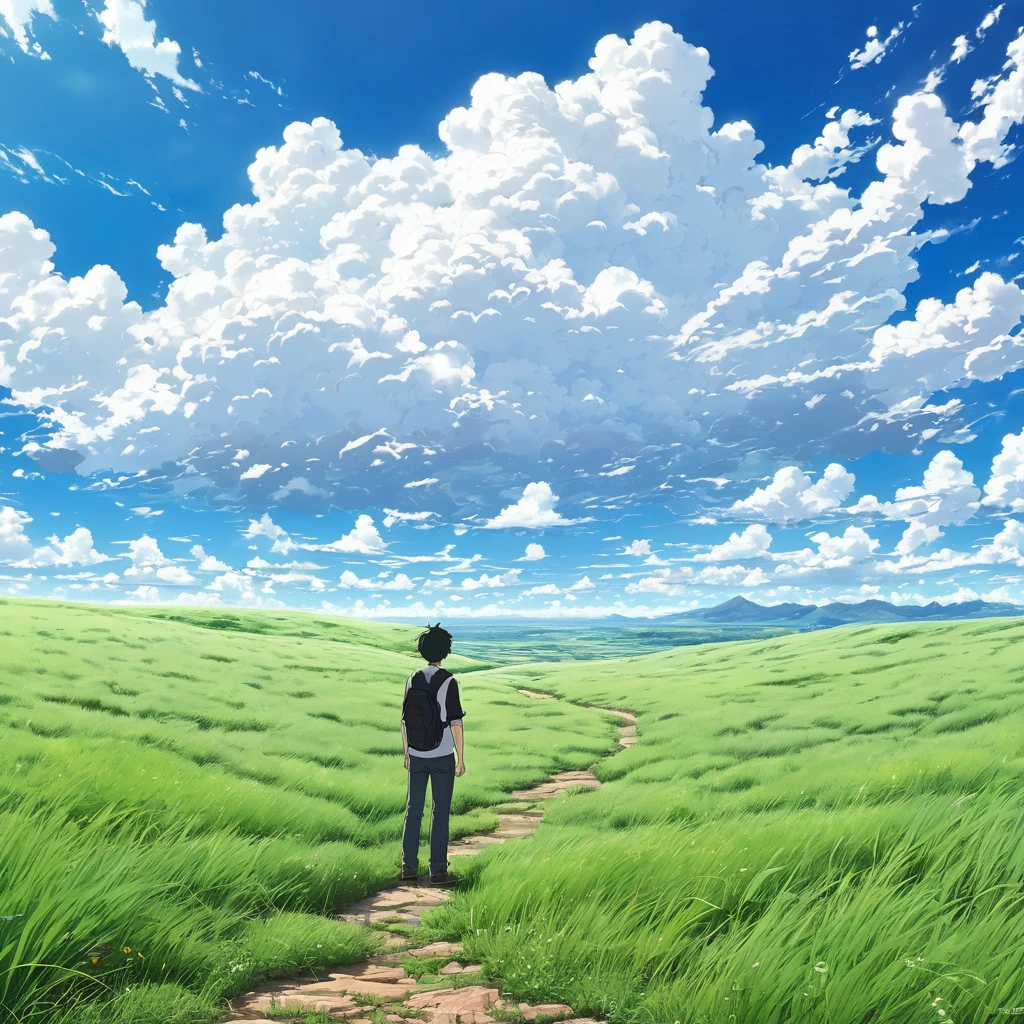 anime, anime landscape, guy looking at clouds, in a grassland, creative, realist, white clouds, blue sky, landscape amazing, guy looking away from camera, wide photo
