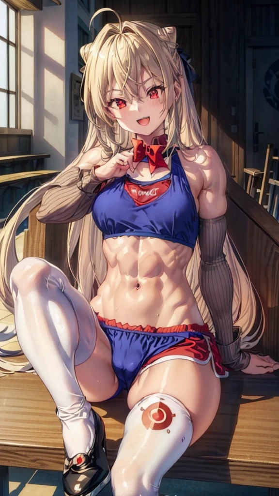 (((1 ta girl))), when he plows, (Red eyes: 1.5), blond hair, (blond hair: 1.1), by the wide, conical bun, hair ornament, hair shots, He drowned, Stripe, blue bow tie, (tight red workout top and shorts, ((red tight top and shorts)), white thighs, white thigh highs), has, (muscular belly), well muscled abs, Wide hips, Thin waist, small breasts, (((sitting sexy pose))), wearing black heels, {{sitting spreading her legs showing her pussy squeezed by the shorts}}, ((showing tight pussy by short)), {{{Full body photo}}}, smile, happy, with eyes closed, smiling at viewer with open mouth, REST looking at the viewer , breaking and entering, sitting on a bench in a gym, {sitting on a bench in the gym}, interval (masterpiece: 1.2), Best Quality, highest resolution, unity wallpaper 8k, (illustration: 0.8), (beautiful detailed eyes: 1.6), extremely detailed face, perfect lighting, Extremely detailed CG, (perfect anatomy), {anatomically correct}, {{perfect hands, (correct hands)}.