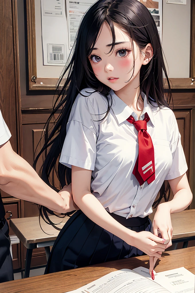 Browsing Caution, Very erotic, Highest quality、Ultra-detailed、masterpiece、Realistic、Photo realistic、 One girl、1 boy、(Being touched by a man:1.5)，(A man strokes my crotch)，Perfect hands、Detailed fingers、Beautiful attention to detail、、Short sleeve white shirt、Red tie、Dark blue pleated skirt、Detailed Background，classroom， Tilt your hips，Red face and eyes、Lean on the desk