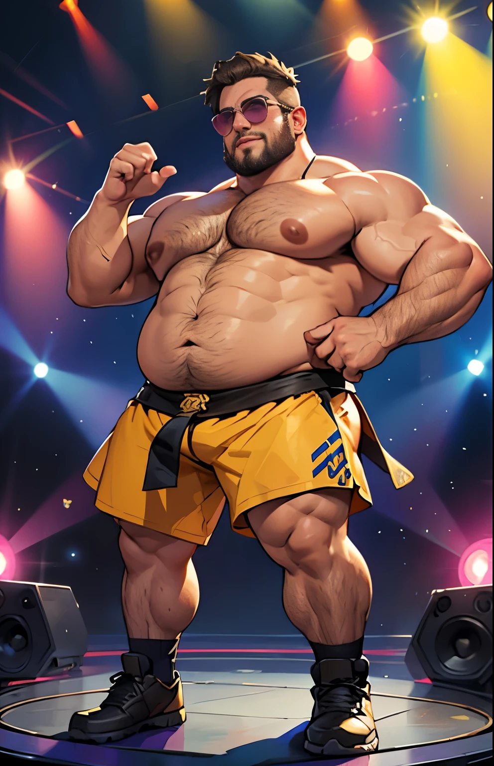 just chubby, chubby, extremely thick thighs, big belly, artwork,Maximum quality,day trader,gordo,Gordo guy,A brunette,short legend,barbarian,sunglasses,I have a big exposed belly,The face is big,Posture of the speaker making hand gestures towards the audience encouraging them.,flying notes,flying coins,treasury,spotlight lights, full body image