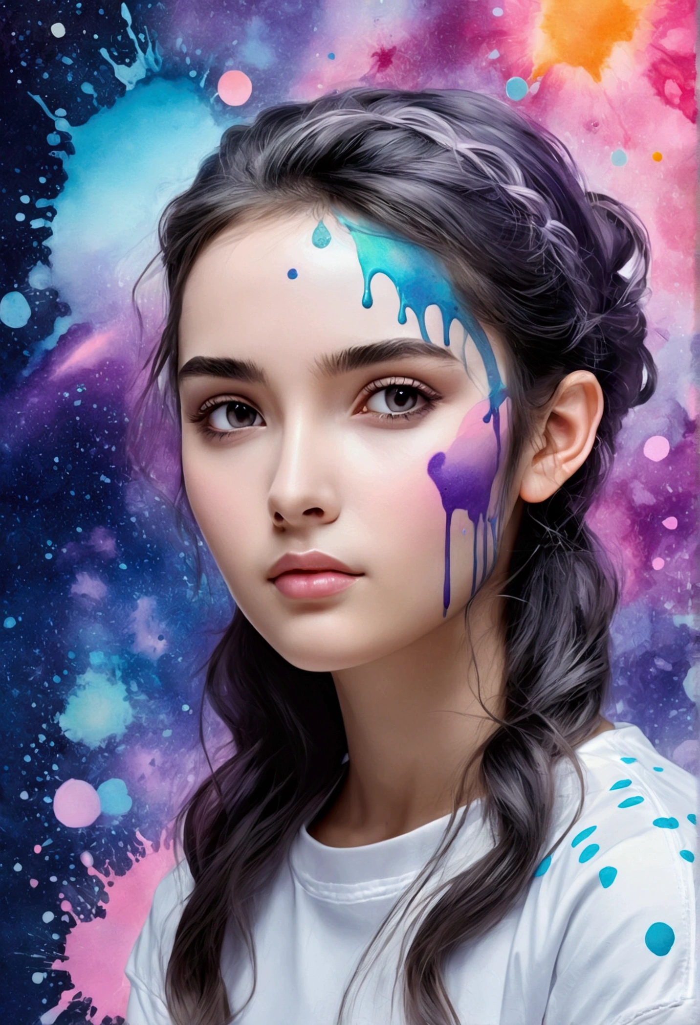 ((masterpiece:1.4, Highest quality)), (Photorealism), (Watercolor background), ((1 girl)), (Bright design), (Space and galaxy pastel colors), (Ink splashes and drips:1.5), (View your viewers)