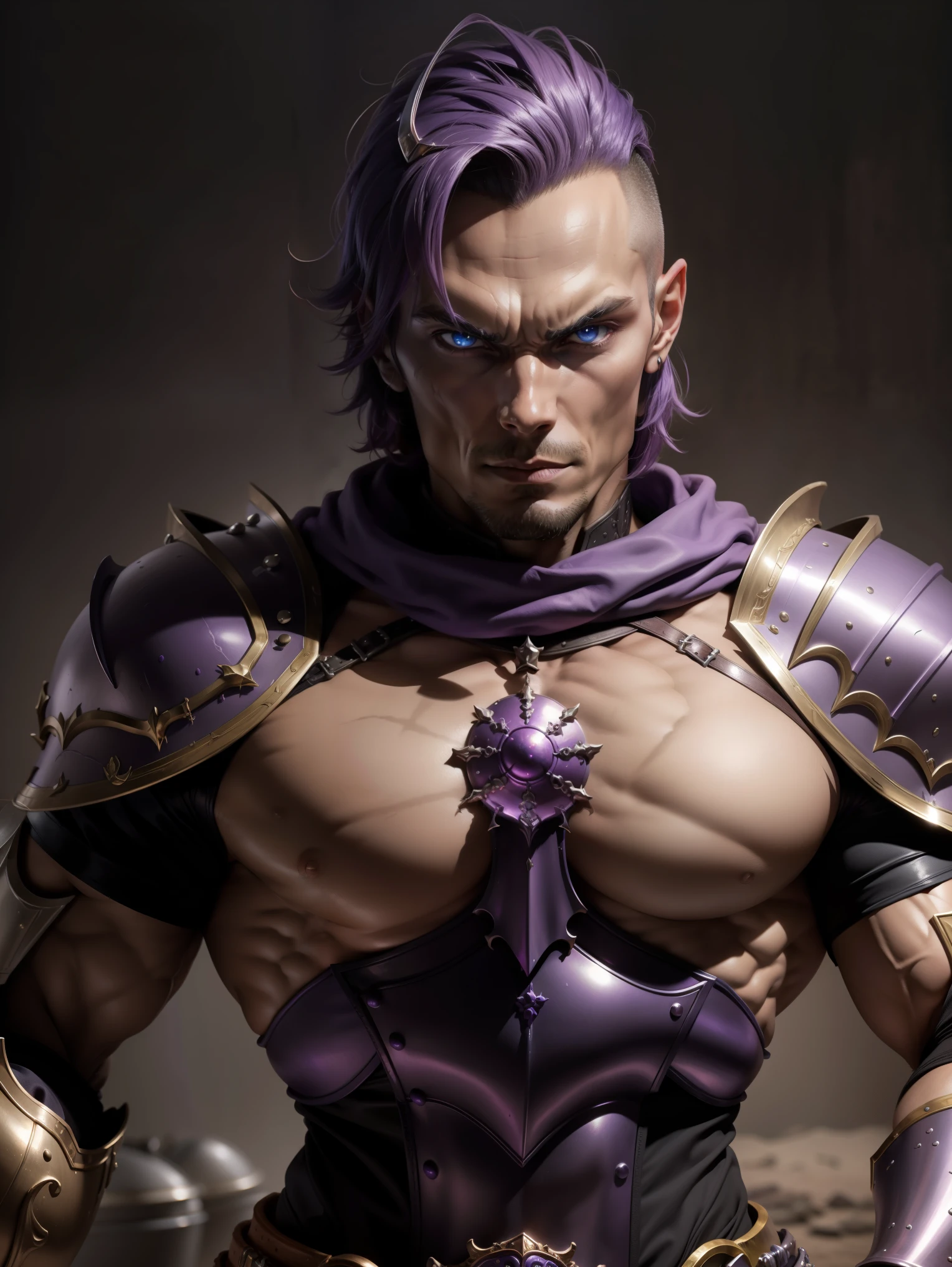 a portrait of skeletor, wearing purple armor leather armor and pauldrons , amazing body, kitchen, close up