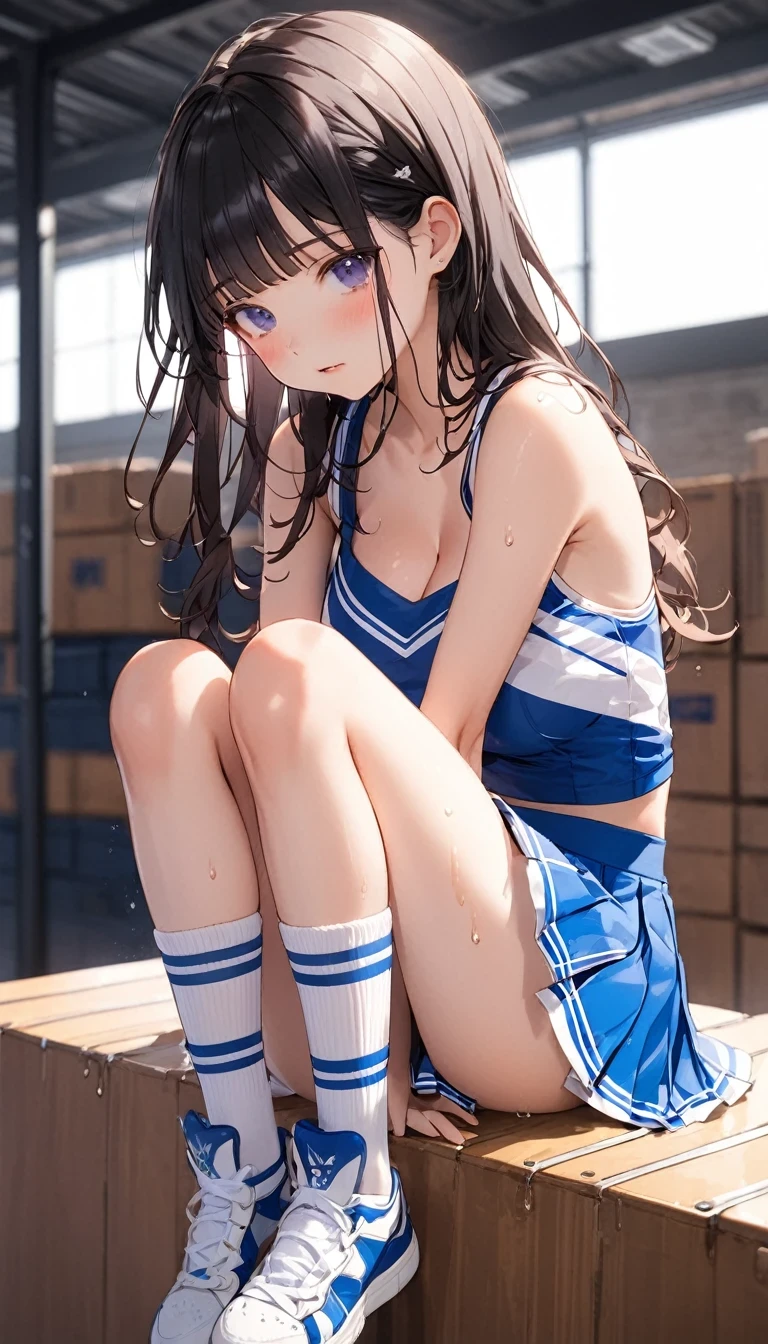 高いquality illustration, masterpiece, Very delicate and beautiful, Attractive girl,(Cheerleader Costume,Super mini pleated skirt,Knee-high socks、Underskirt),Sweaty,Slender body,slim,high school girl,One girl、Dark gymnasium warehouse、sit on a vaulting box、Underskirt is completely visible、Secret secret meetings、Cheerleader,Big Breasts、Flushed Cheeks、Big Breasts、Nice body
