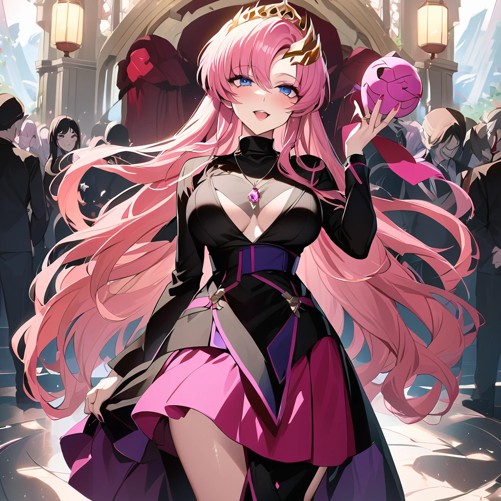 ((Highest quality)), ((masterpiece)), (detailed), （Perfect Face）、The beautiful and seductive woman is Lacus Clyne, the wife of the leader of the evil god cult, the saint of darkness, and has blue eyes, pink hair, medium-long hair, and a gorgeous and delicately detailed masochism.々She is wearing a beautiful black evil god shrine maiden outfit, an evil god necklace and other evil accessories, a gorgeous evil god head chain tiara, and an engagement ring.、The woman is the wife of a middle-aged, bearded cult leader who is revered by a mysterious cult of evil gods.、He is standing at the altar of the Evil God Cult with a mysterious cult leader dressed in luxurious cult leader clothing.