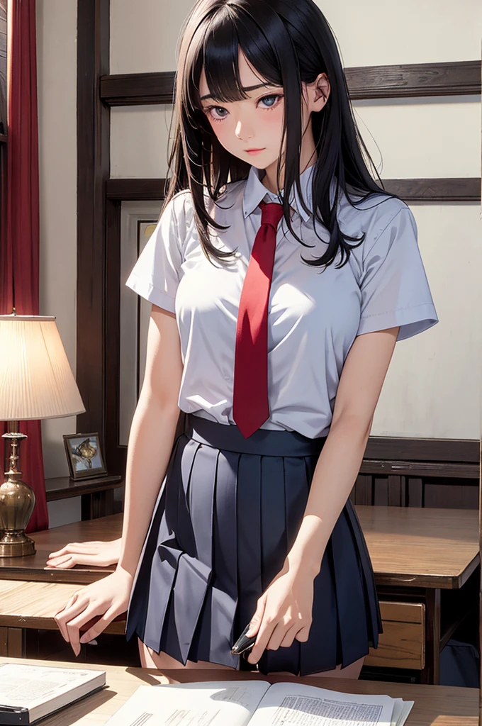 Browsing Caution, Very erotic, Highest quality、Ultra-detailed、masterpiece、Realistic、Photo realistic、 One girl、1 boy、(Being touched by a man:1.5)，(A man strokes my crotch)，Perfect hands、Detailed fingers、Beautiful attention to detail、、Short sleeve white shirt、Red tie、Dark blue pleated skirt、Detailed Background，classroom， Tilt your hips，Red face and eyes、Lean on the desk