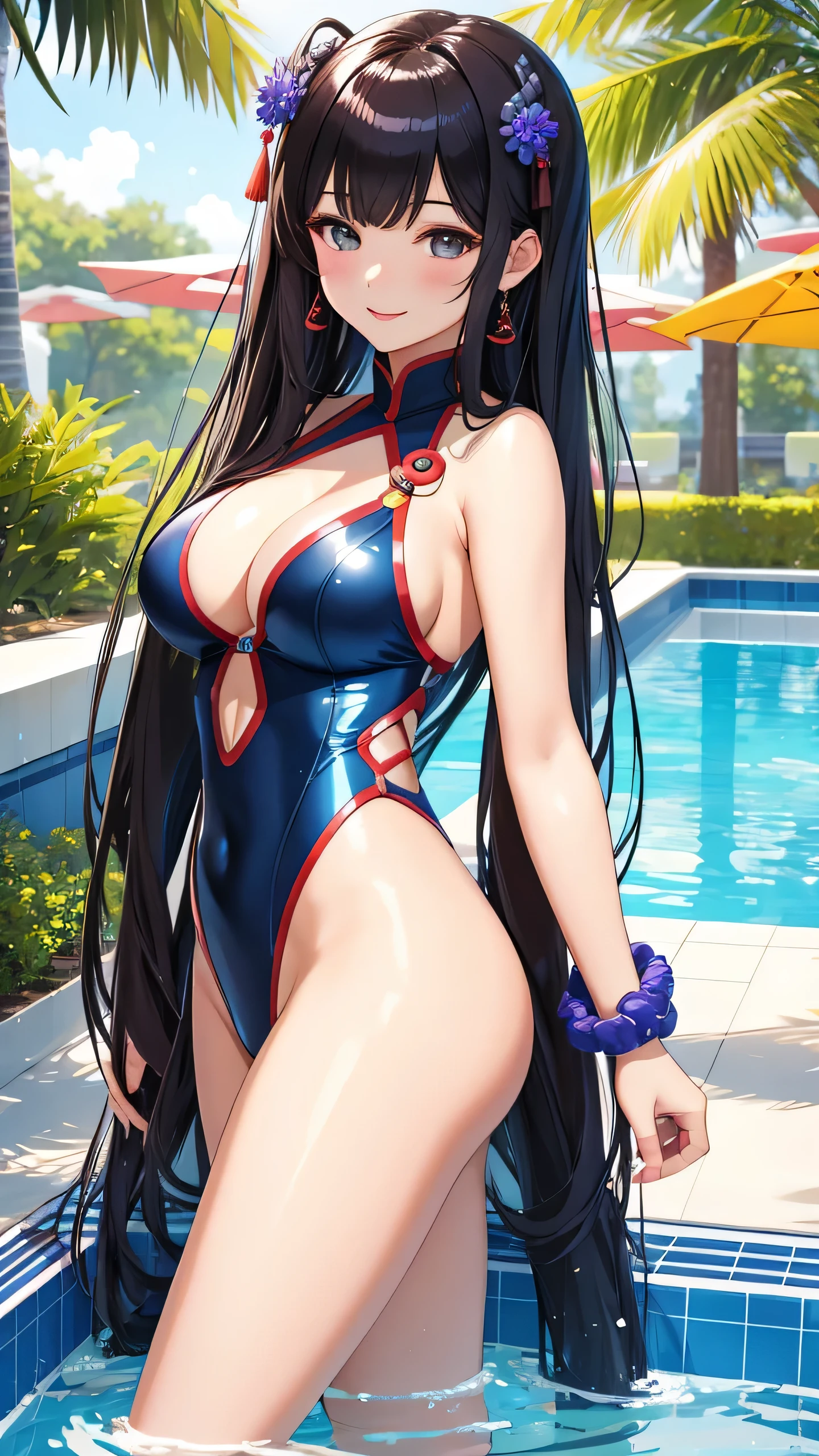 best quality, 1girl, masterpiece ultra detailed, illustration, yang guifei, glossy lips, pool, standing, (swimsuit), light smile, 