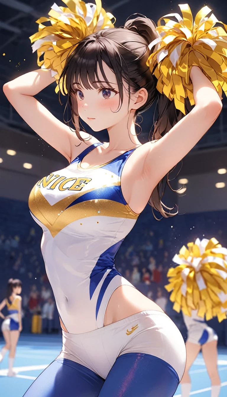 高いquality illustration, masterpiece, Very delicate and beautiful, Attractive girl,(Cheerleader Costume,Sleeve pay,Knee-high socks、),This is a short, Audience reaction,thin,Slender body,slim,Female college student,gym、New Gymnastics Department,Big Breasts、Flushed Cheeks、Voluptuous body、Nice body