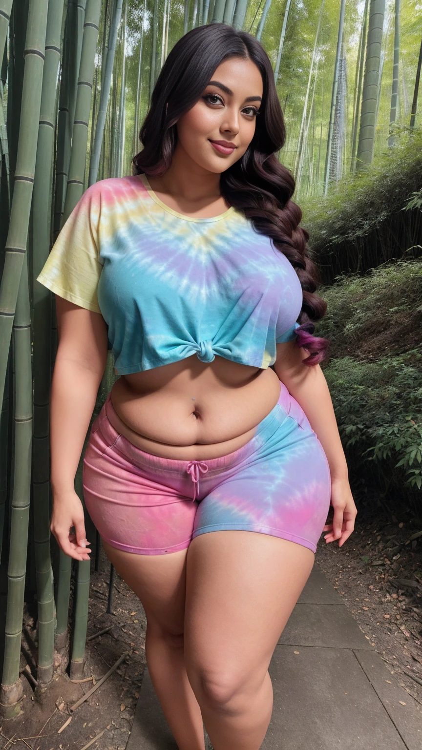 gorgeous curvy plus size Indian bengali actress ritavori , glowing eyes, wearing SHEIN Young Boy Tie Dye Letter Graphic Tee & Shorts , covered Bust, parted lips, blushing cheeks, thick thighs, bigger waist, busty, curvy plus size body, full body, full body shot, head to toe view, smoothning burgendy color hair with pfrench braid hairstyle, hourglass body, curvy plus size body, smile face, bigger waist, busty, big hips, fleshy thighs, thick thighs, busty, full body view, Kyoto Bamboo Forest, Japan: Serene bamboo grove with towering green stalks.