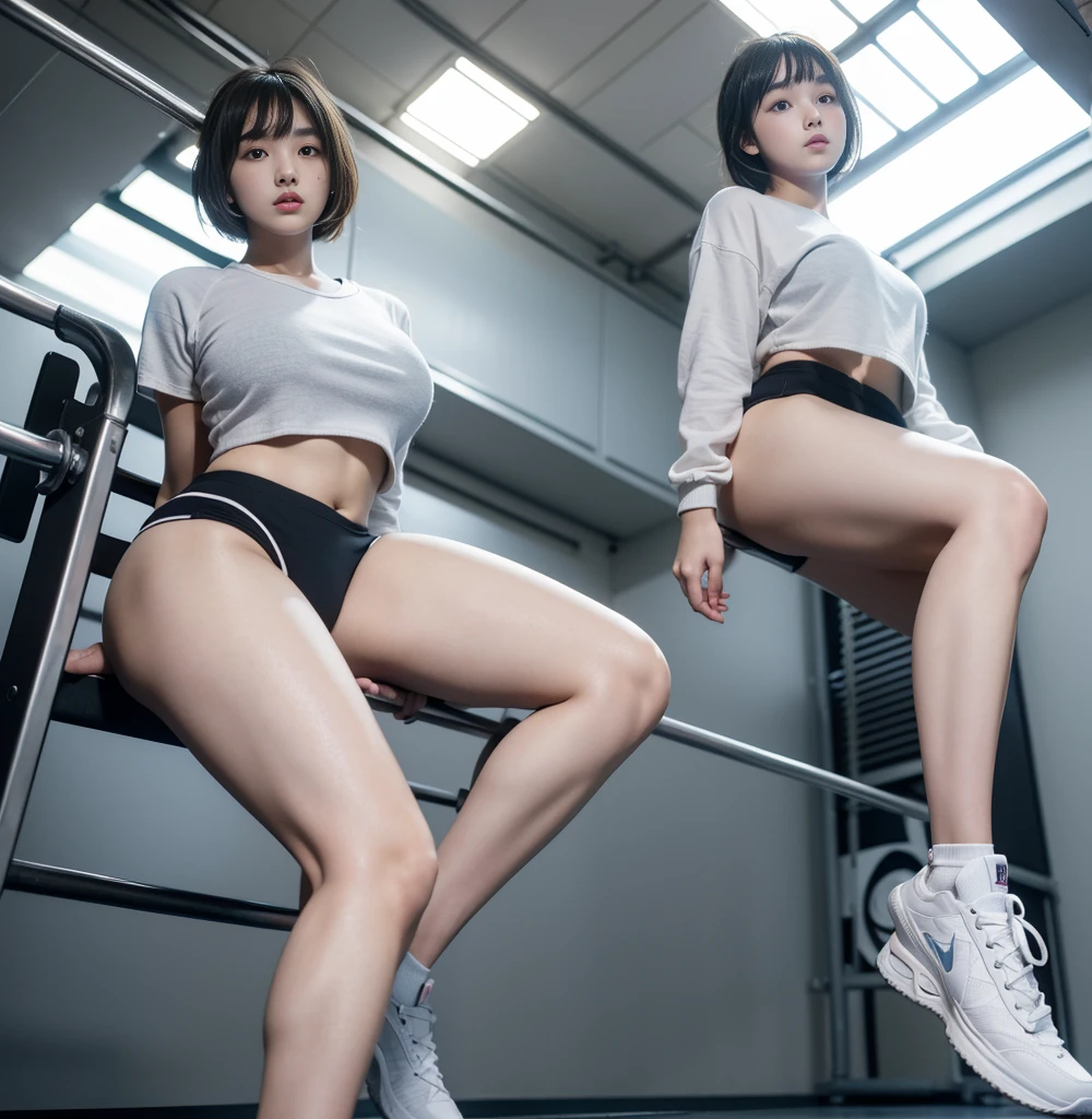Highest quality,masterpiece,Ultra-high resolution, Very detailed, 8k,A beautiful 14 year old Japanese girl:1.5, Small face, Black short hair, blunt bangs, Breast Augmentation Surgery, A very tall giant sits in a city、 (School-designated gym clothes:1.5, Bloomers), (Angle from below:1.2)