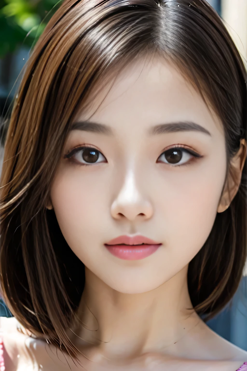 8k, High resolution, High resolution, RAW Photos, masterpiece, Highest quality, Sharp focus, Hyper Detail, In detail, Close-up photo with focus on face、
One Japanese woman、28-year-old housewife、Egg-shaped face, Have big, beautiful eyes, Fuller lips, Thick eyebrows and long, beautiful eyelashes. Transparent throughout makeup, Apply a touch of pink to your cheeks、Put on some lip gloss. Her hairstyle is short and wavy.、