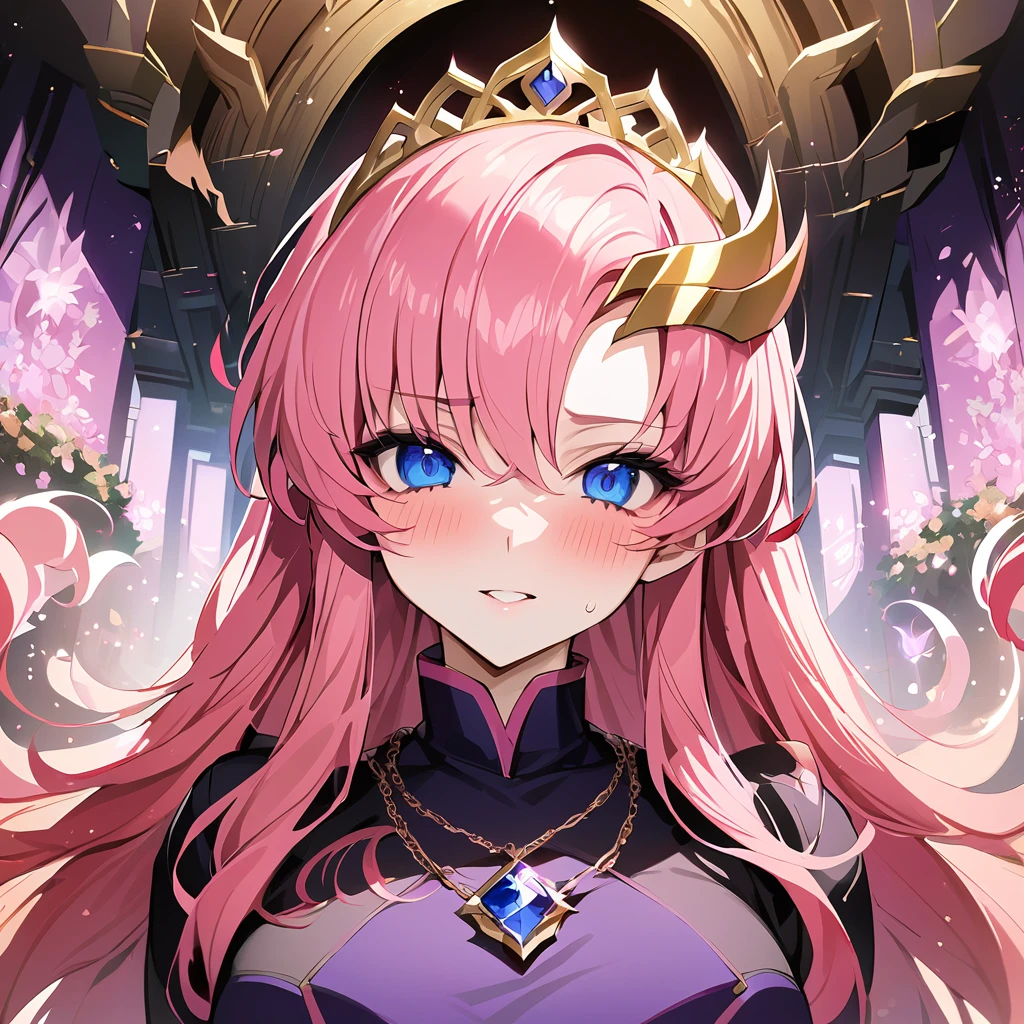 ((Highest quality)), ((masterpiece)), (detailed), （Perfect Face）、The woman is the evil goddess Lacus Clyne who has become an evil deity. She has blue eyes, medium-long pink hair, a hair ornament, an evil deity necklace, evil accessories, a gorgeous evil deity head chain tiara, and an engagement ring.、Reigning over the altar of a luxurious cult of evil gods