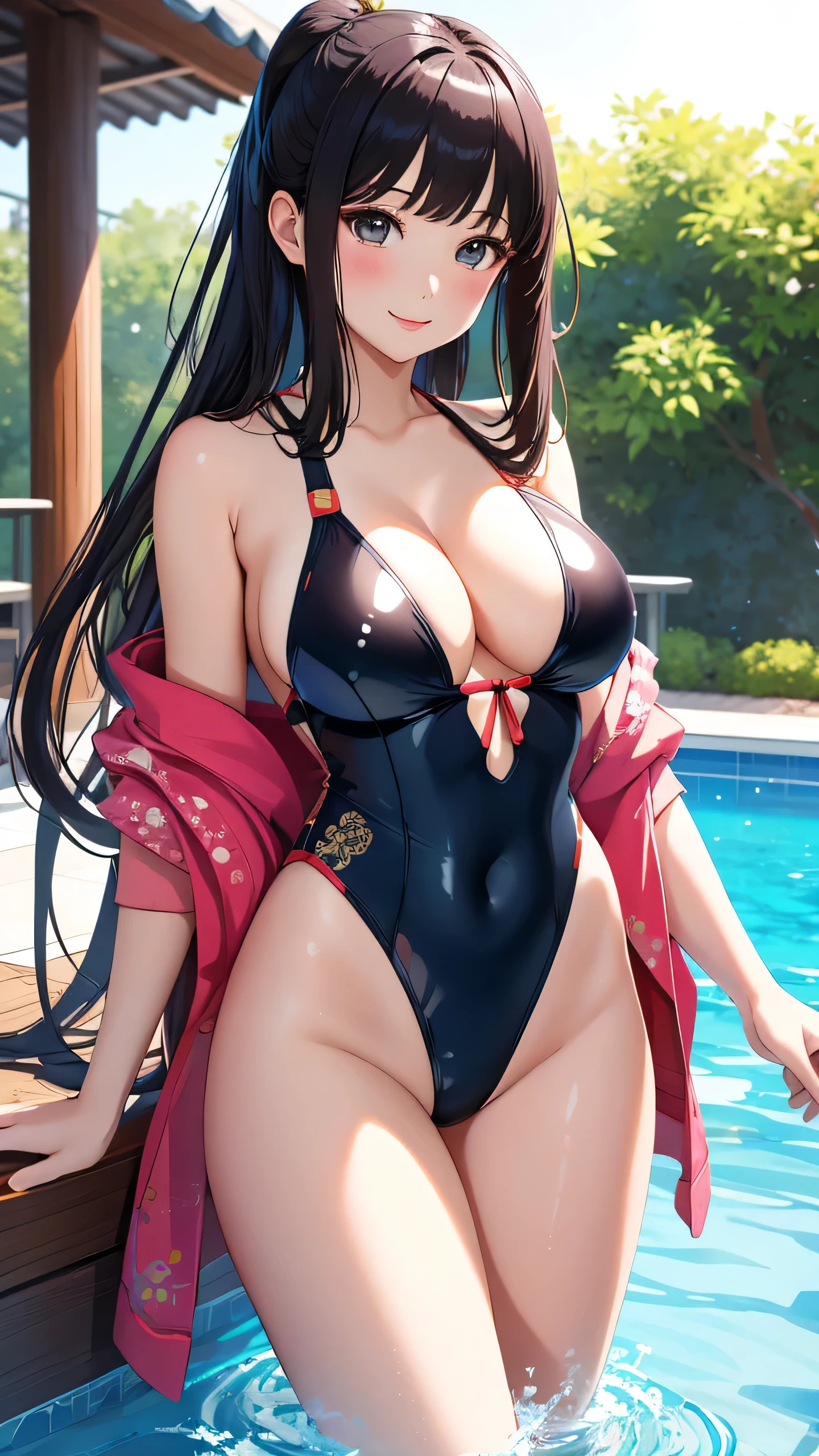 best quality, 1girl, masterpiece ultra detailed, illustration, yang guifei, glossy lips, pool, standing, (swimsuit), light smile, 