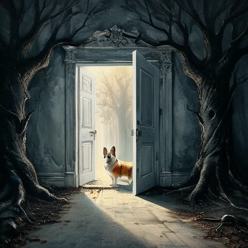 (best quality, super fine, 16k, incredibly absurdres, extremely detailed, 2.5D, delicate and dynamic, three-dimensional effect expressed by light and shade, highres, 8k, masterpiece, immersive atmosphere, film grain)
(a undetailed white door, white door, undetailed door, no details in the center) (Colorful frame around the door, paintings in the wall around, details around, detailed wall, detailed environment, fine detail, optial illusion, complex, hand draw, 3D painting, reality, fantasy art, enhance, intricate, sharp, best quality, masterpiece, Representative work, official art, Professional, 8k, based on the following poem: In the trees I knead the roots and only see my parents—but barely see trees here. In the buildings, I only see the windows and am already in love with what they hide—and I only see Her. In the cars, I only see the shadow and these ghosts haunt me. On the sidewalks, I do not see the viable paths you saw when we were together. And yes, in my house, I no longer see you, I do not dream much. In my hand, I do not see yours and I am already unique. In these fingerprints, I only see the typing touching the world. That I only see another randomly the same first moment—and second, and second, and minute, and I pray, and hour, and delay, night falls, day, and without a sister in the family, I am, week, at my mercy, nothing is mine, month, without a master, semester, without a plan, year, year and a half, without a middle, only an instant... and quickly I descend to the decade. In decadence, I soon reach the decade, and so soon I am already twenty years old...)bic corgis shadow Ghost
Ghost big shadow ghosts