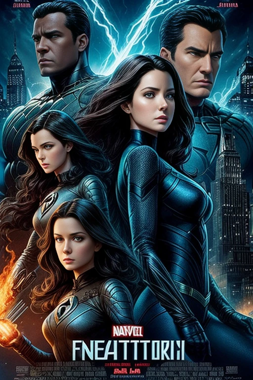 beautiful dark-haired womanarvel Comics Movie poster, Very beauthful, Films about the fantastic four , all-body,newyork、ella'is wearing a fantastic four costume ,work of art、highest quallity、ultra detali、very detailled、A delicate and beautiful shine、超High resolution、cinematic
