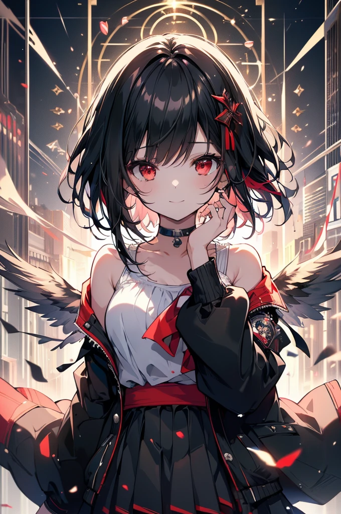 (masterpiece, highest quality, highest quality, (No text), Beautiful and aesthetic:1.2),No text,アニメ、BREAK,One Girl，Black Hair Girl　short hair　older sister　choker　Beautiful eyes　Red eyes　cool　smile　Red and Black　Black jacket　mini skirt　whole body　In town
