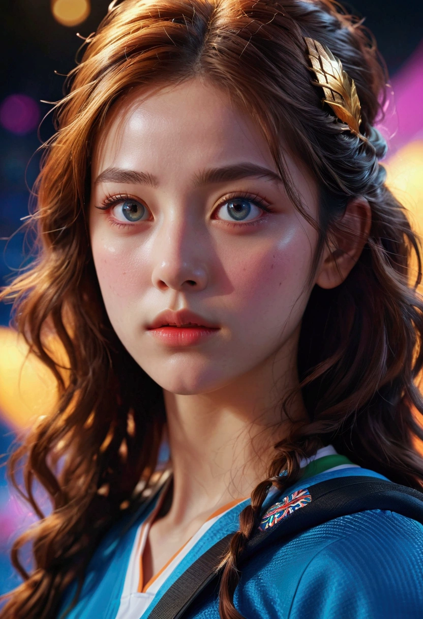 1girl, a cinematic epic scene of the Olympic Games, beautiful detailed eyes, beautiful detailed lips, extremely detailed face and expression, intricate sports equipment, vibrant colorful lighting, dramatic camera angle, studio lighting, hyperrealistic, 8k, photorealistic, award-winning photography, visually stunning, cinematic composition, masterpiece, best quality, very aesthetic, absurdres