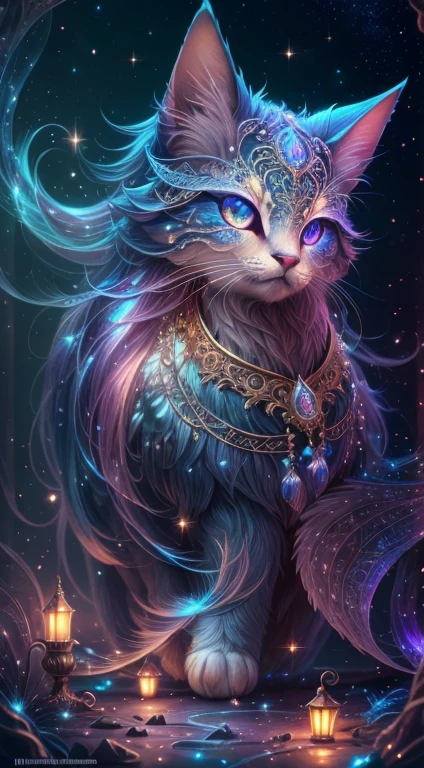 create a heavenly adorable animal, non-human, in the style of heavenly and fantasy. the animal must be the most beautiful animal, ever created. Consider details like fluffy and feathers and silk and satin and flicker and glimmer. Include subtle details in a ghostly iridescent color.. emphasize small details of fantasy and ornate jewels. Camera: use an interesting and dynamic composition. increase visual interest. Lighting: use ambient Lighting that enhances the ambiance of fantasy. incorporate bold colors and deep shadows. hires, detailed eyes, hires detailed eyes, hires small details, ornate, complex parts, 8 K, flicker, Unity, официальный движок CGI Unreal, a high resolution, (((masterpiece))), high quality, a high resolution, improved detail