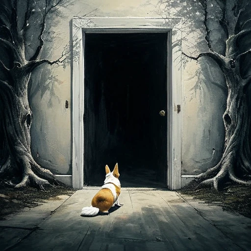 (best quality, super fine, 16k, incredibly absurdres, extremely detailed, 2.5D, delicate and dynamic, three-dimensional effect expressed by light and shade, highres, 8k, masterpiece, immersive atmosphere, film grain)
(a undetailed white door, white door, undetailed door, no details in the center) (Colorful frame around the door, paintings in the wall around, details around, detailed wall, detailed environment, fine detail, optial illusion, complex, hand draw, 3D painting, reality, fantasy art, enhance, intricate, sharp, best quality, masterpiece, Representative work, official art, Professional, 8k, based on the following poem: In the trees I knead the roots and only see my parents—but barely see trees here. In the buildings, I only see the windows and am already in love with what they hide—and I only see Her. In the cars, I only see the shadow and these ghosts haunt me. On the sidewalks, I do not see the viable paths you saw when we were together. And yes, in my house, I no longer see you, I do not dream much. In my hand, I do not see yours and I am already unique. In these fingerprints, I only see the typing touching the world. That I only see another randomly the same first moment—and second, and second, and minute, and I pray, and hour, and delay, night falls, day, and without a sister in the family, I am, week, at my mercy, nothing is mine, month, without a master, semester, without a plan, year, year and a half, without a middle, only an instant... and quickly I descend to the decade. In decadence, I soon reach the decade, and so soon I am already twenty years old...)bic corgis  shadow Ghost
Ghost  big shadow ghosts 