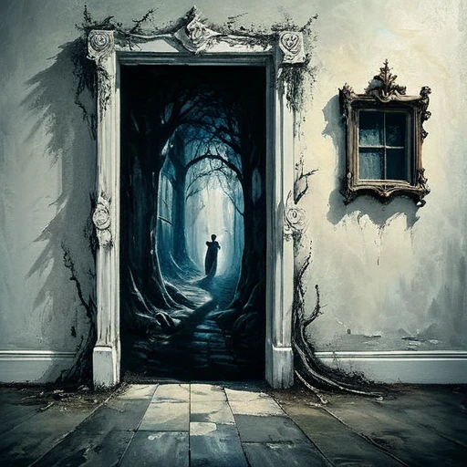 (best quality, super fine, 16k, incredibly absurdres, extremely detailed, 2.5D, delicate and dynamic, three-dimensional effect expressed by light and shade, highres, 8k, masterpiece, immersive atmosphere, film grain)
(a undetailed white door, white door, undetailed door, no details in the center) (Colorful frame around the door, paintings in the wall around, details around, detailed wall, detailed environment, fine detail, optial illusion, complex, hand draw, 3D painting, reality, fantasy art, enhance, intricate, sharp, best quality, masterpiece, Representative work, official art, Professional, 8k, based on the following poem: In the trees I knead the roots and only see my parents—but barely see trees here. In the buildings, I only see the windows and am already in love with what they hide—and I only see Her. In the cars, I only see the shadow and these ghosts haunt me. On the sidewalks, I do not see the viable paths you saw when we were together. And yes, in my house, I no longer see you, I do not dream much. In my hand, I do not see yours and I am already unique. In these fingerprints, I only see the typing touching the world. That I only see another randomly the same first moment—and second, and second, and minute, and I pray, and hour, and delay, night falls, day, and without a sister in the family, I am, week, at my mercy, nothing is mine, month, without a master, semester, without a plan, year, year and a half, without a middle, only an instant... and quickly I descend to the decade. In decadence, I soon reach the decade, and so soon I am already twenty years old...)bic corgis shadow Ghost
Ghost big shadow ghosts