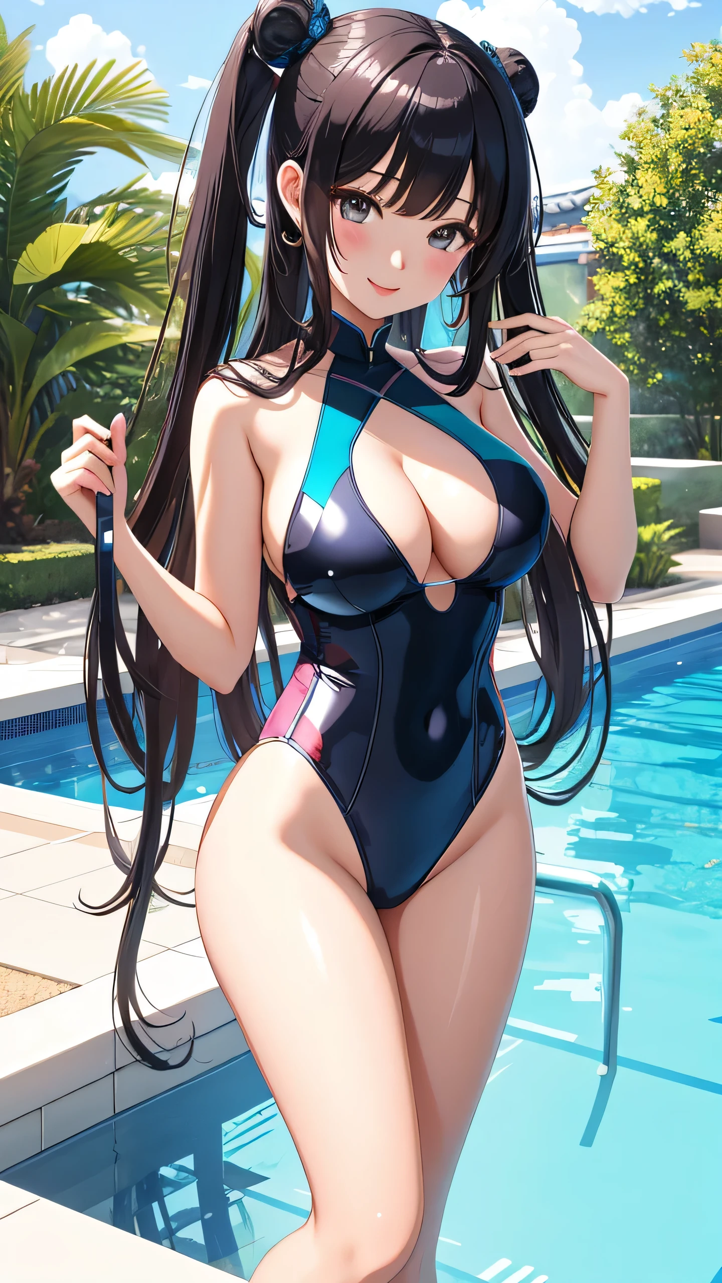 best quality, 1girl, masterpiece ultra detailed, illustration, yang guifei, glossy lips, pool, standing, (swimsuit), light smile