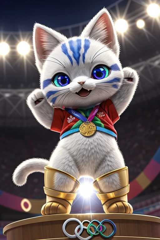 (Highest quality、masterpiece、8k))、Anatomically correct、Very detailed、High resolution、Realistic、((Beautiful, sparkling, detailed eyes))、Intricate details、Cinematic lighting、((Dynamic composition))、kitten、Big head、Olympic会場、Enthusiasm、Olympics、Olympicマーク、athlete、athlete、会場を埋め尽くすたくさんのkitten、Festival of Peace、((Olympic))、Three different colored cats、パリOlympics、Eiffel Tower、Projection Mapping